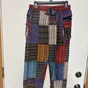 NEW 100% COTTON ELASTIC WAIST PATCHWORK POCKETS LOUNGE PANTS. SZ. L